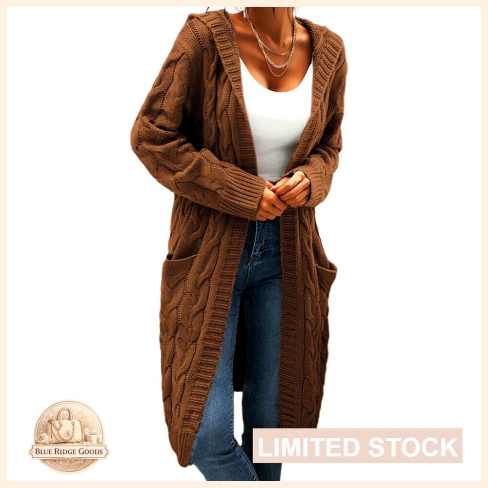 Hooded Open Front Cardigan Cable Knit Sweater Chunky Long Sweater Coat